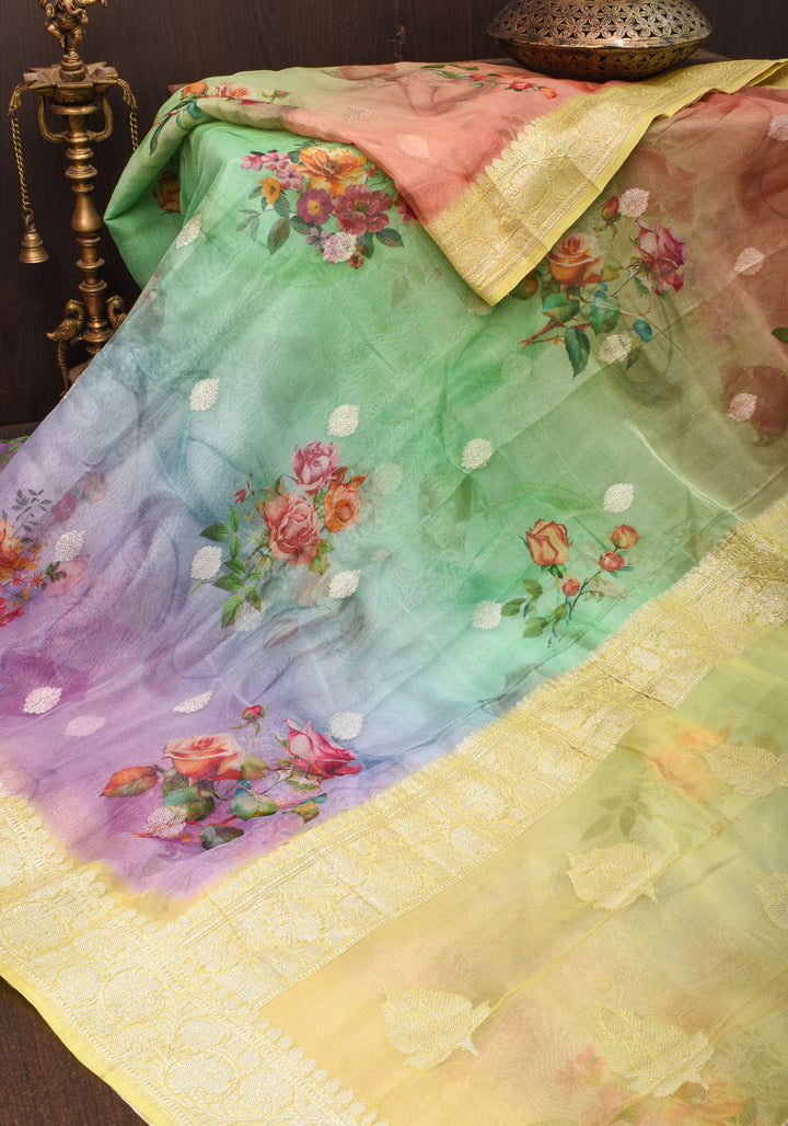 Ombre  Pure Silk Banarasi Chiffon Saree  in Multicolor with Floral Printing and  Zari | SILK MARK CERTIFIED