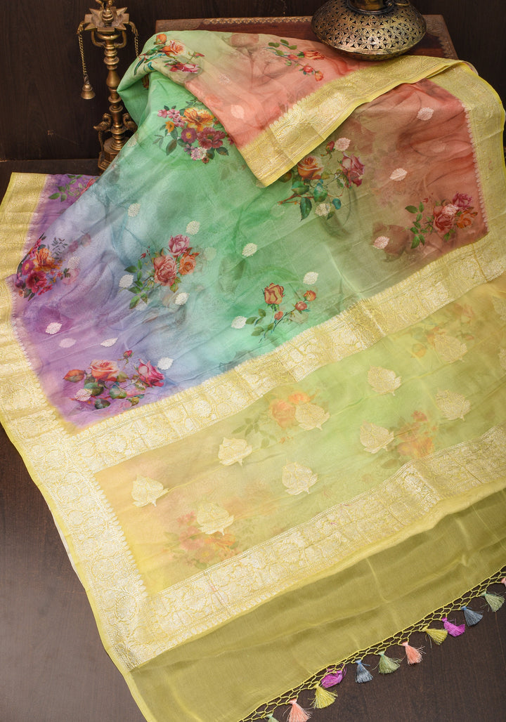 Ombre  Pure Silk Banarasi Chiffon Saree  in Multicolor with Floral Printing and  Zari | SILK MARK CERTIFIED