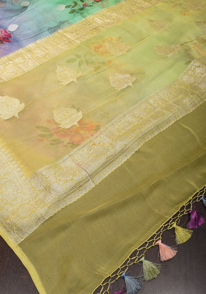 Ombre  Pure Silk Banarasi Chiffon Saree  in Multicolor with Floral Printing and  Zari | SILK MARK CERTIFIED