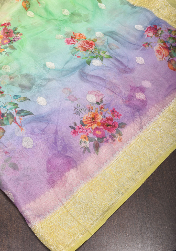 Ombre  Pure Silk Banarasi Chiffon Saree  in Multicolor with Floral Printing and  Zari | SILK MARK CERTIFIED