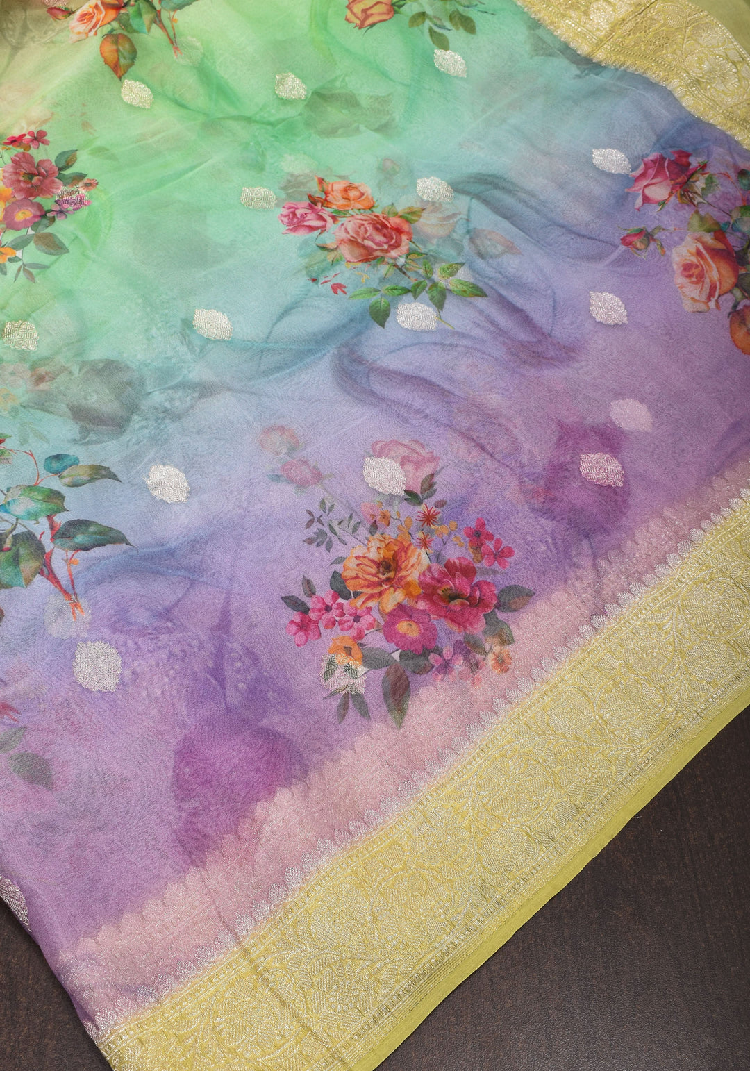 Ombre  Pure Silk Banarasi Chiffon Saree  in Multicolor with Floral Printing and  Zari | SILK MARK CERTIFIED