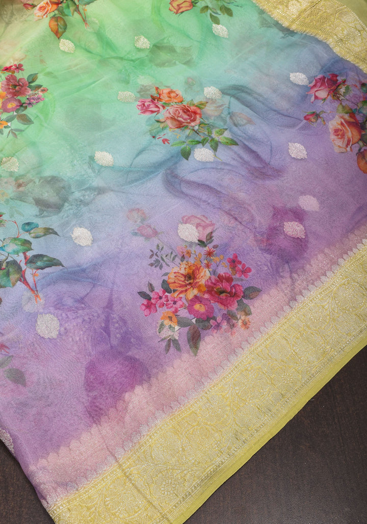 Ombre  Pure Silk Banarasi Chiffon Saree  in Multicolor with Floral Printing and  Zari | SILK MARK CERTIFIED