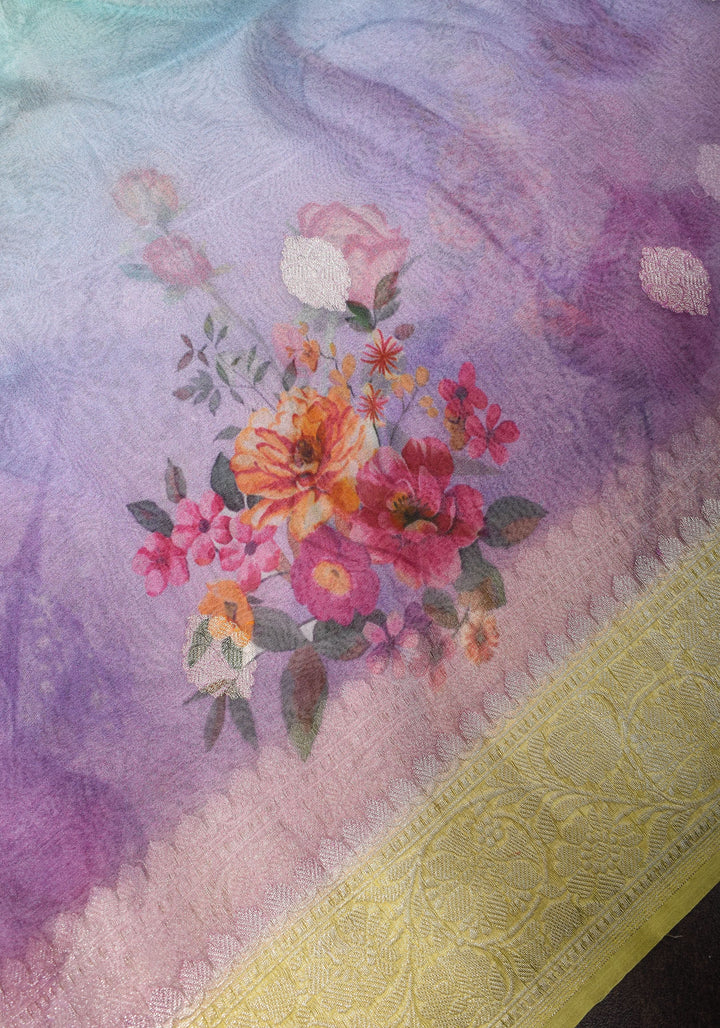 Ombre  Pure Silk Banarasi Chiffon Saree  in Multicolor with Floral Printing and  Zari | SILK MARK CERTIFIED