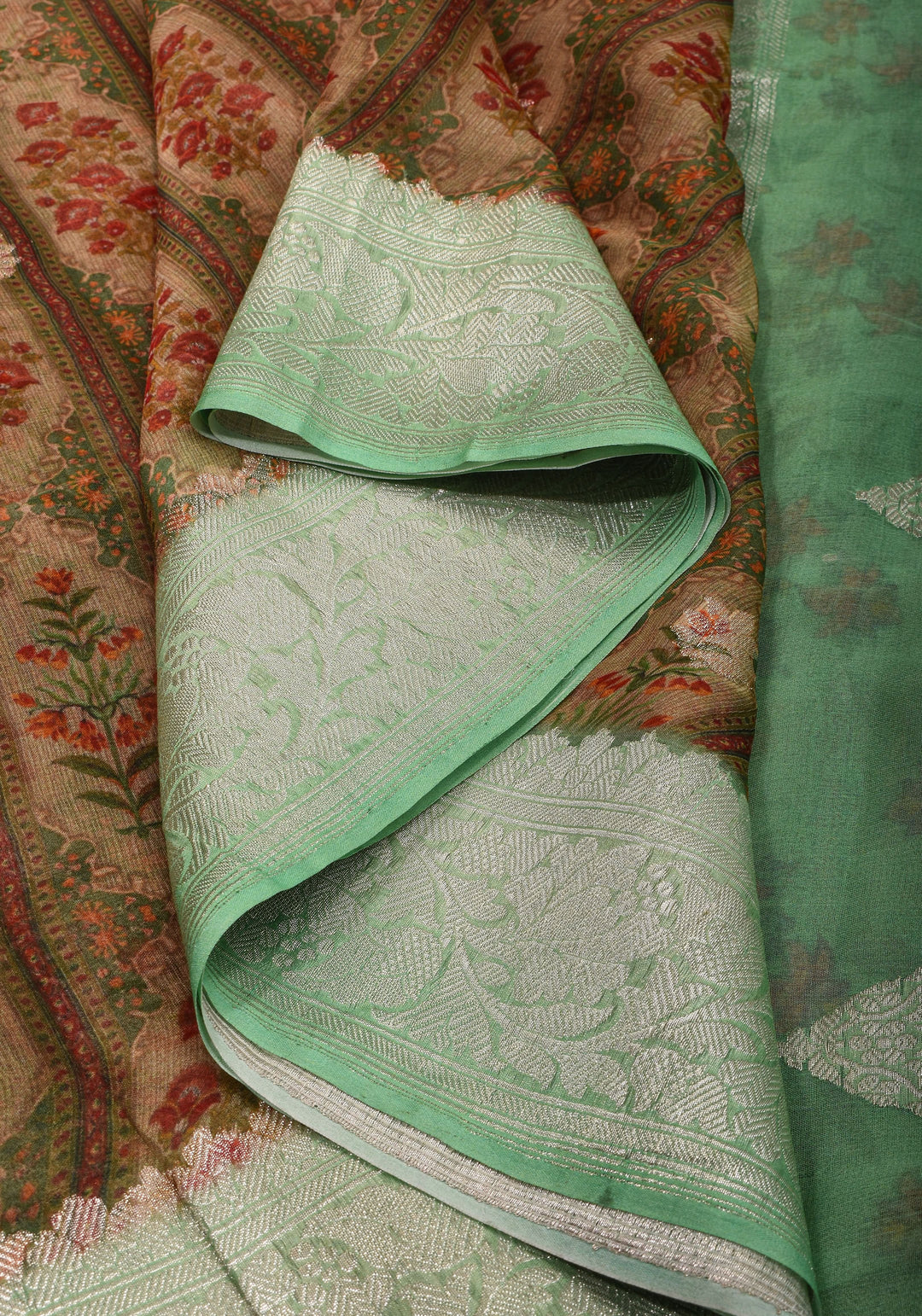 Banarasi Pure Silk Chiffon Saree in Green with Floral Digital Print and Zari | SILK MARK CERTIFIED