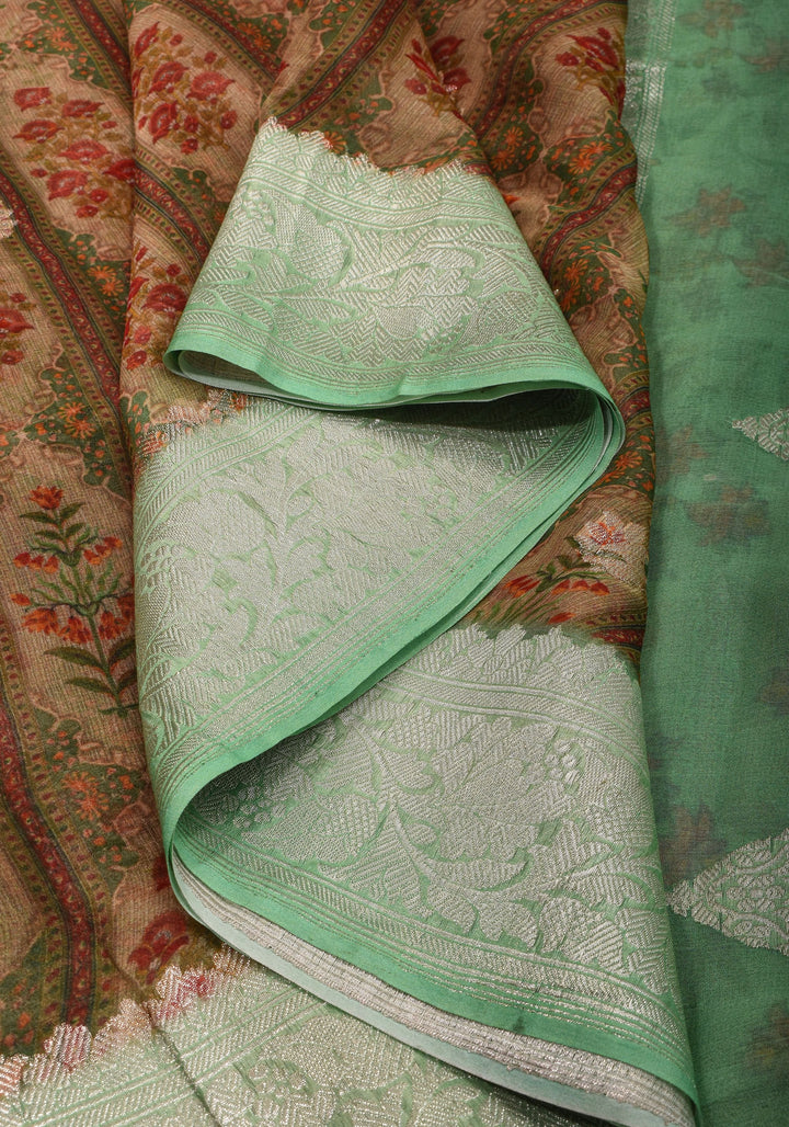 Banarasi Pure Silk Chiffon Saree in Green with Floral Digital Print and Zari | SILK MARK CERTIFIED