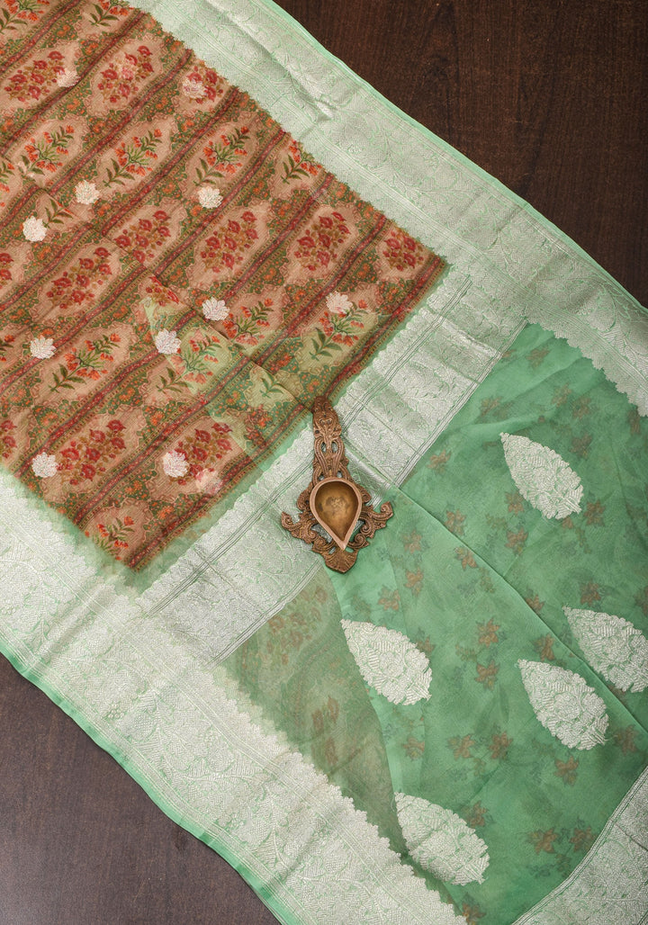 Banarasi Pure Silk Chiffon Saree in Green with Floral Digital Print and Zari | SILK MARK CERTIFIED