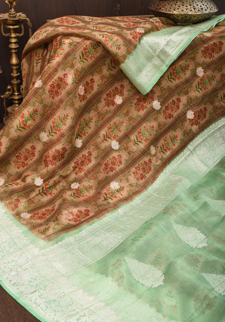 Banarasi Pure Silk Chiffon Saree in Green with Floral Digital Print and Zari | SILK MARK CERTIFIED