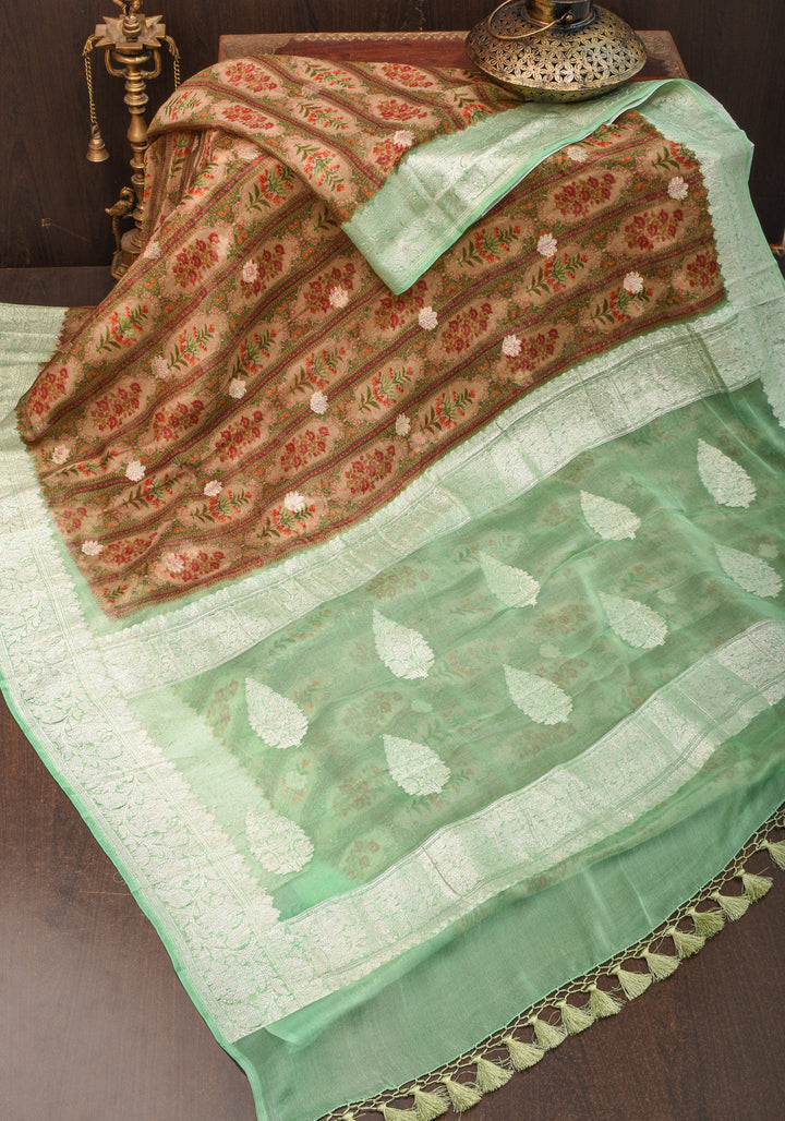 Banarasi Pure Silk Chiffon Saree in Green with Floral Digital Print and Zari | SILK MARK CERTIFIED