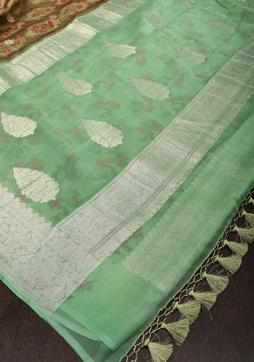 Banarasi Pure Silk Chiffon Saree in Green with Floral Digital Print and Zari | SILK MARK CERTIFIED