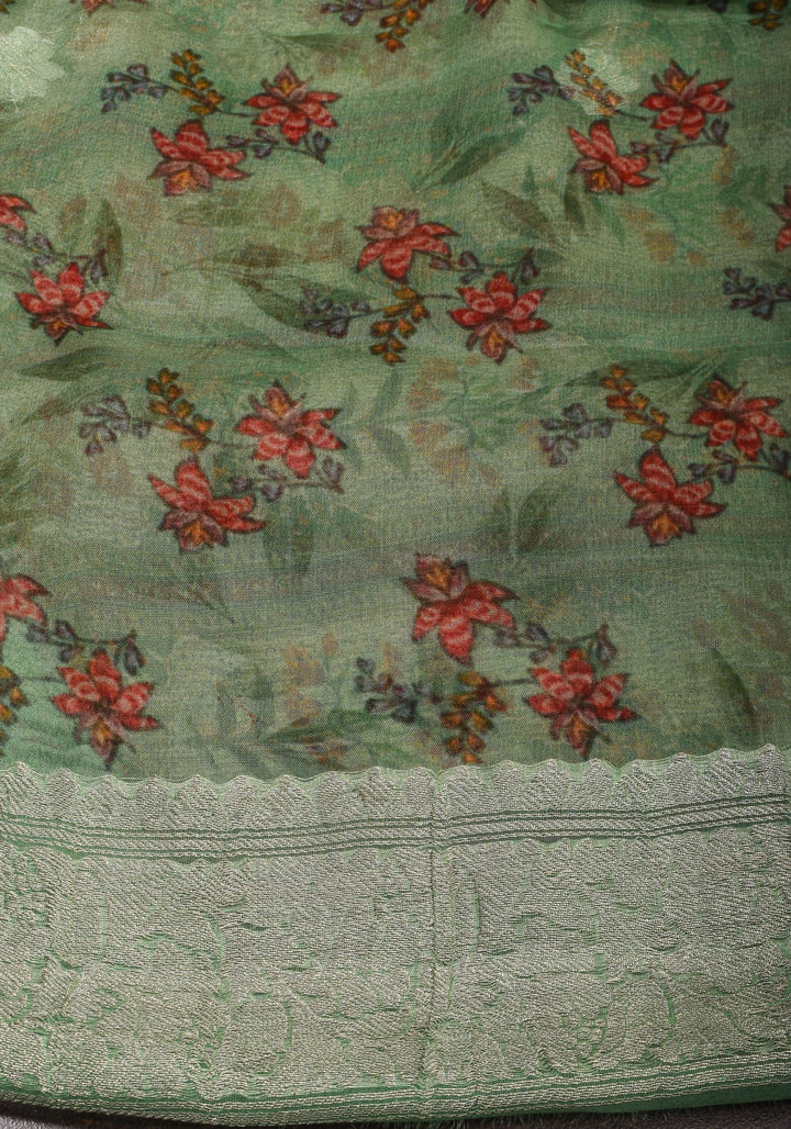 Banarasi Pure Silk Chiffon Saree in Green with Floral Digital Print and Zari | SILK MARK CERTIFIED