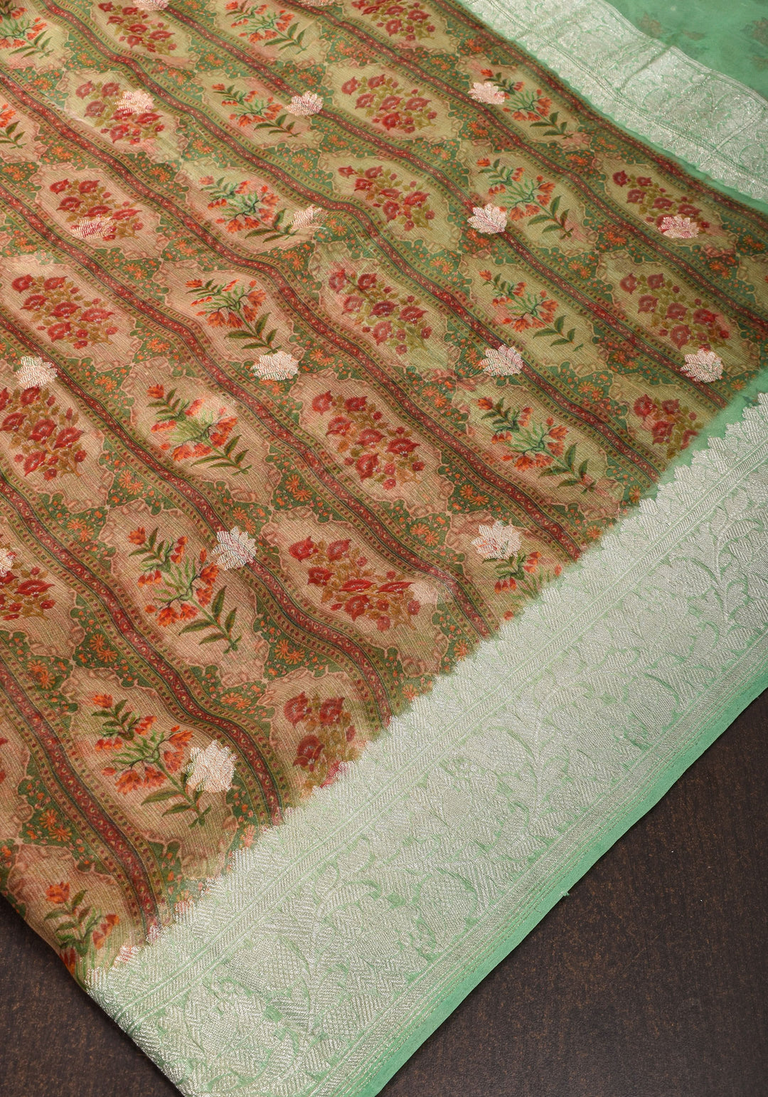 Banarasi Pure Silk Chiffon Saree in Green with Floral Digital Print and Zari | SILK MARK CERTIFIED