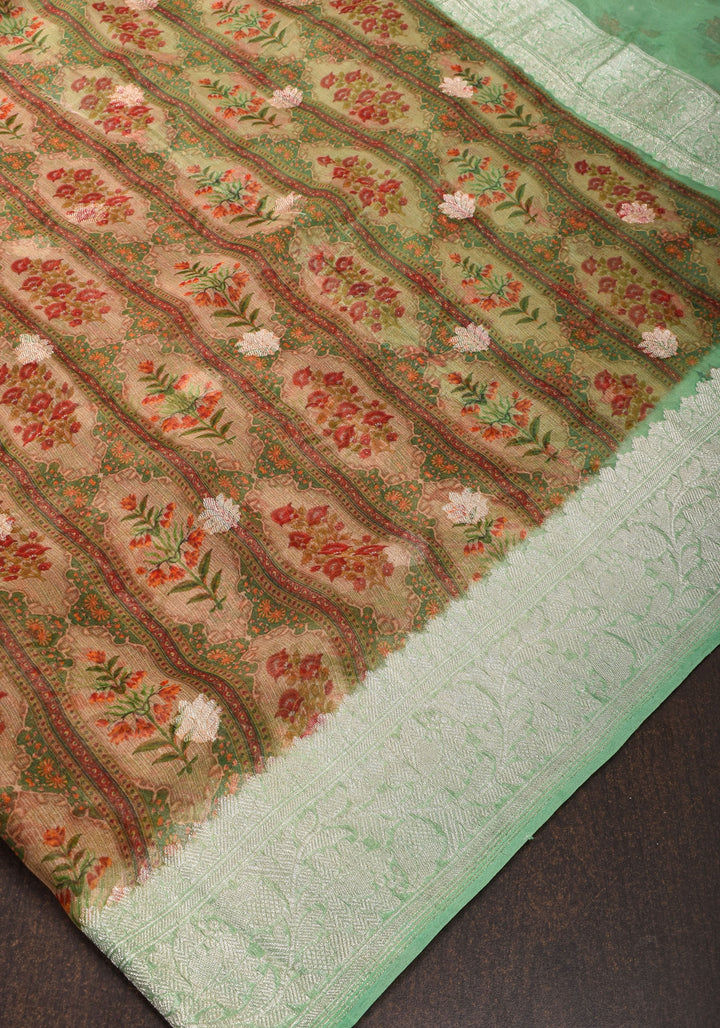 Banarasi Pure Silk Chiffon Saree in Green with Floral Digital Print and Zari | SILK MARK CERTIFIED