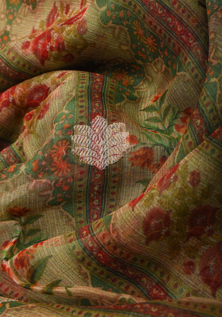 Banarasi Pure Silk Chiffon Saree in Green with Floral Digital Print and Zari | SILK MARK CERTIFIED