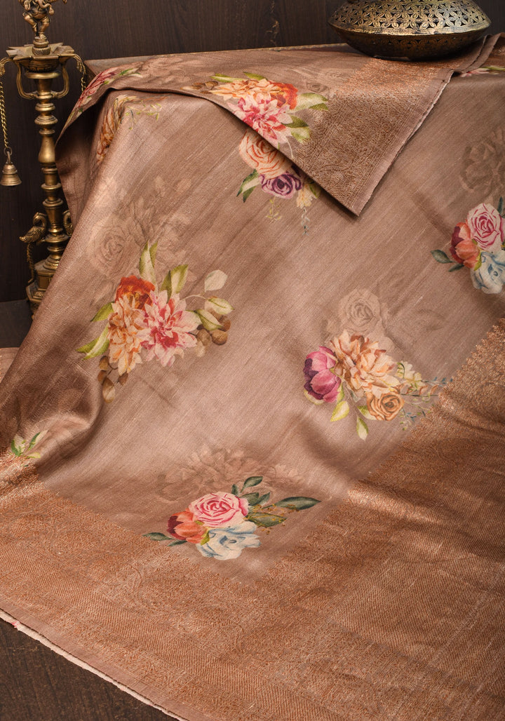 Mocha Authentic Banarasi Floral Print on Pure Tussar Silk Saree with antique tone zari border | SILK MARK CERTIFIED