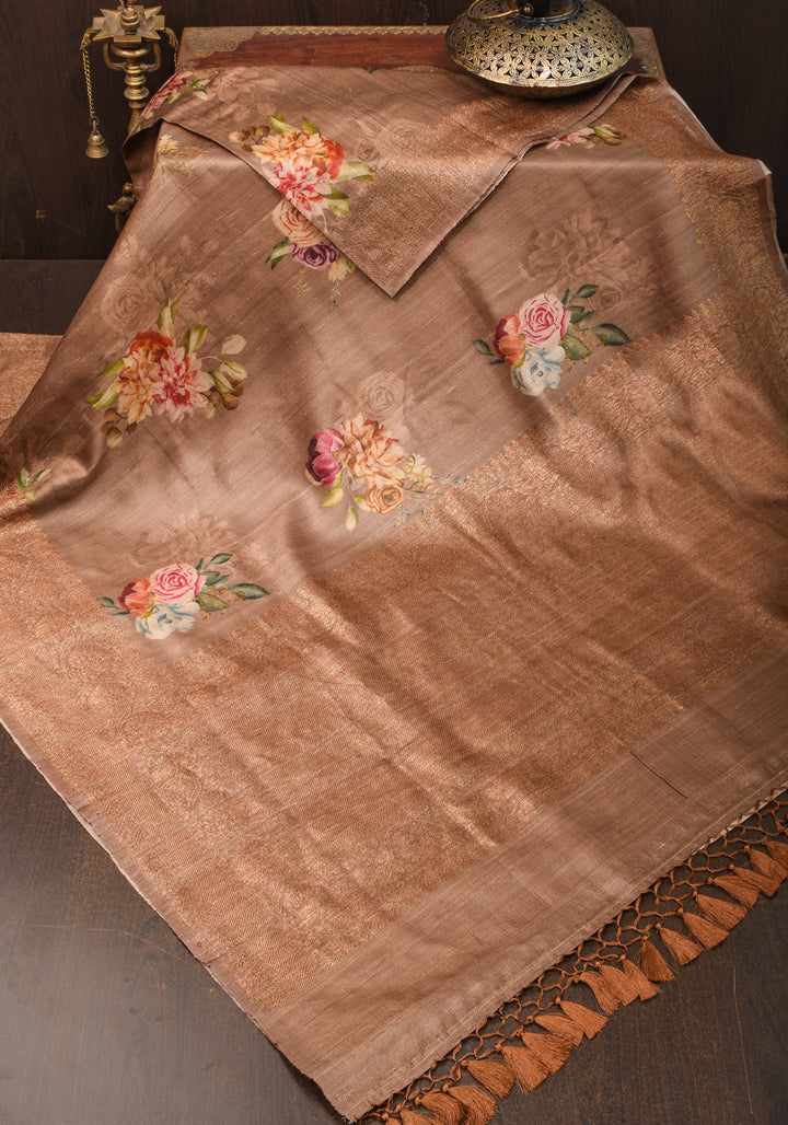 Mocha Authentic Banarasi Floral Print on Pure Tussar Silk Saree with antique tone zari border | SILK MARK CERTIFIED