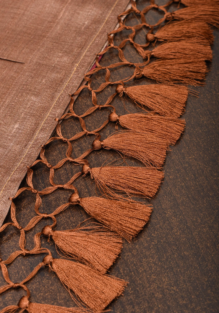 Mocha Authentic Banarasi Floral Print on Pure Tussar Silk Saree with antique tone zari border | SILK MARK CERTIFIED