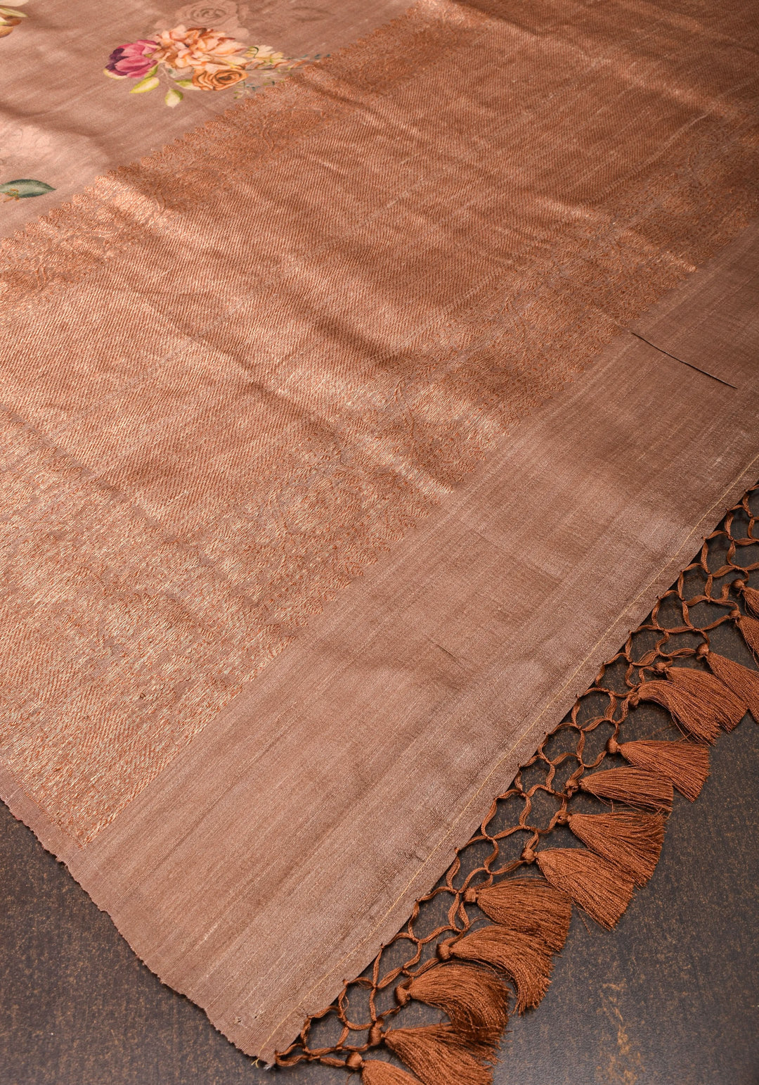 Mocha Authentic Banarasi Floral Print on Pure Tussar Silk Saree with antique tone zari border | SILK MARK CERTIFIED