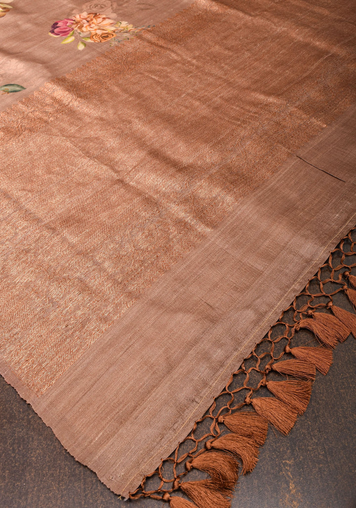 Mocha Authentic Banarasi Floral Print on Pure Tussar Silk Saree with antique tone zari border | SILK MARK CERTIFIED