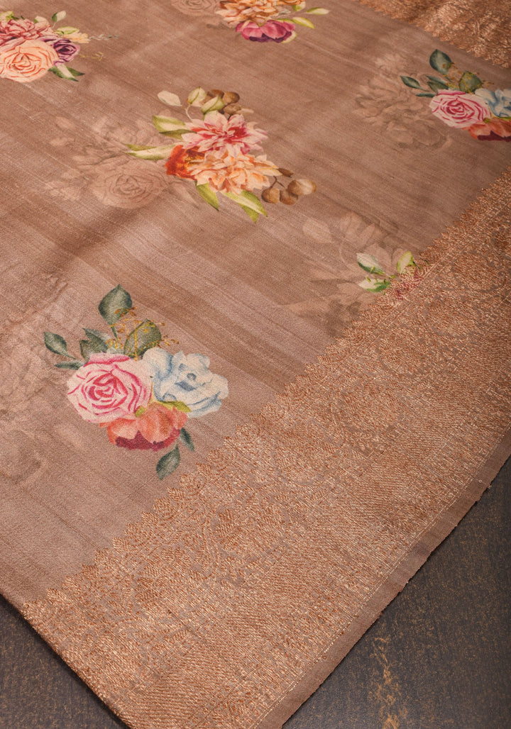 Mocha Authentic Banarasi Floral Print on Pure Tussar Silk Saree with antique tone zari border | SILK MARK CERTIFIED