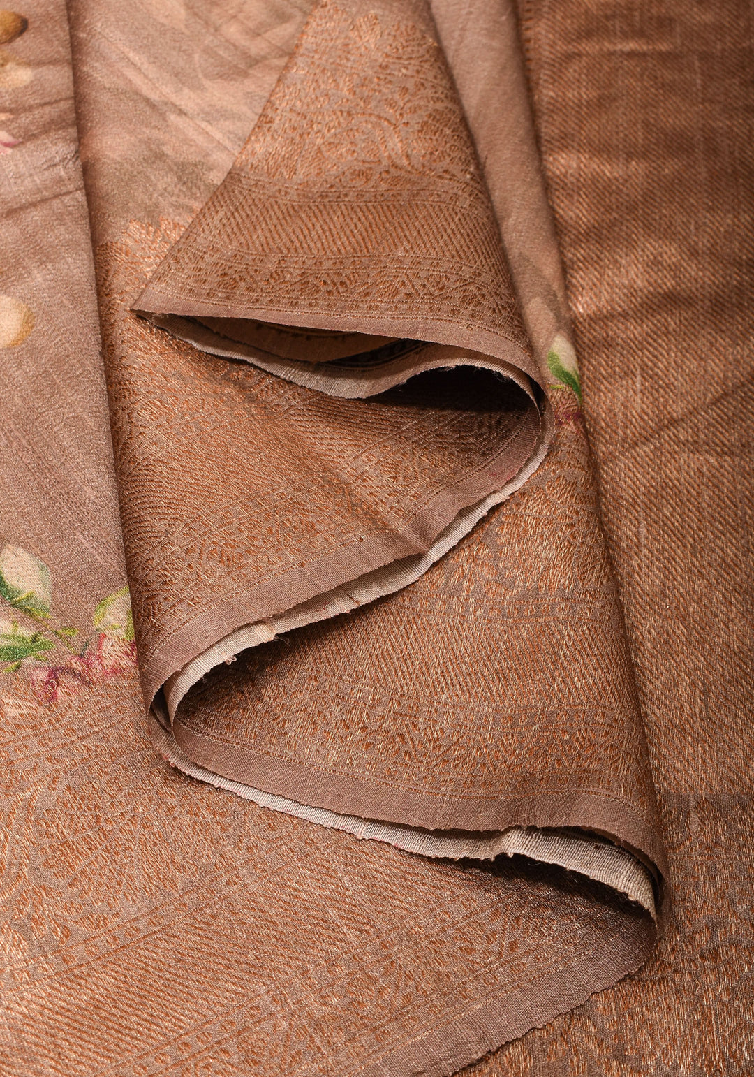 Mocha Authentic Banarasi Floral Print on Pure Tussar Silk Saree with antique tone zari border | SILK MARK CERTIFIED