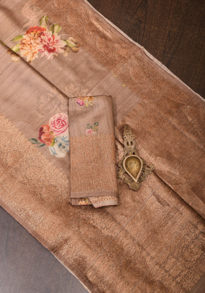 Mocha Authentic Banarasi Floral Print on Pure Tussar Silk Saree with antique tone zari border | SILK MARK CERTIFIED