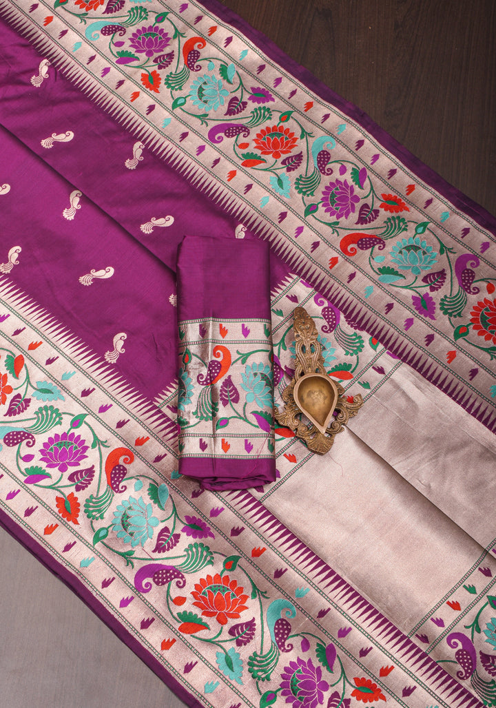 Plum Banarasi Pure Katan Silk Saree with Paithani Style Borders and Zari Buttas  | SILK MARK CERTIFIED