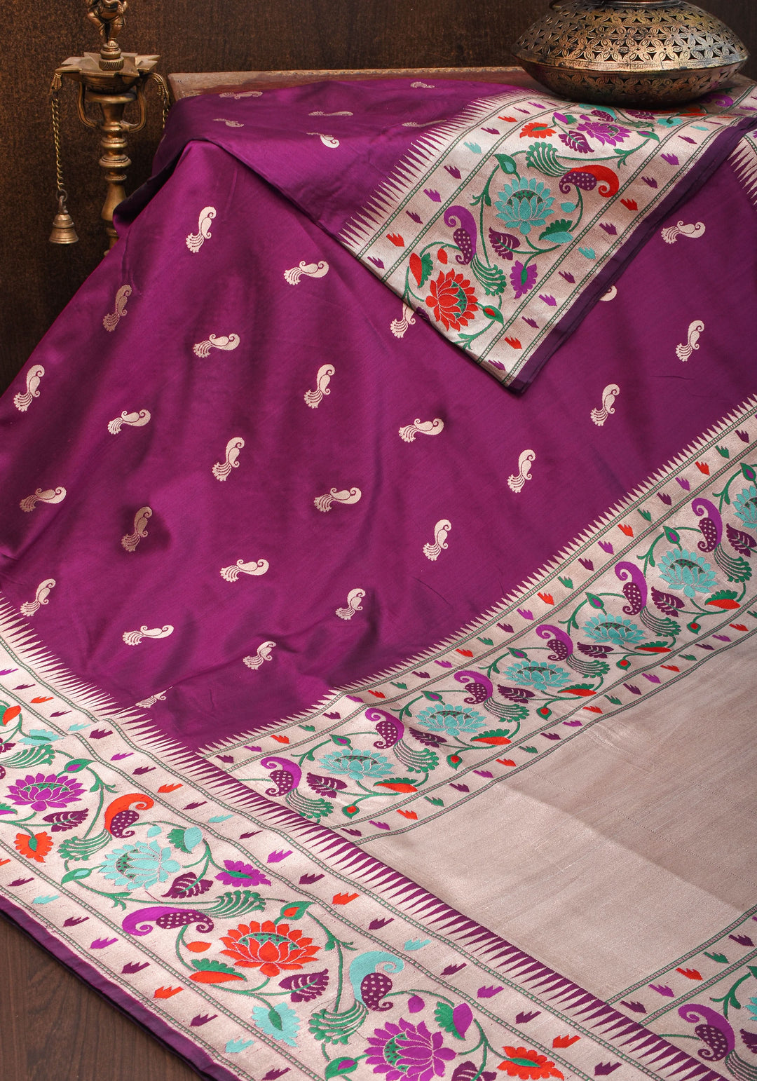 Plum Banarasi Pure Katan Silk Saree with Paithani Style Borders and Zari Buttas  | SILK MARK CERTIFIED