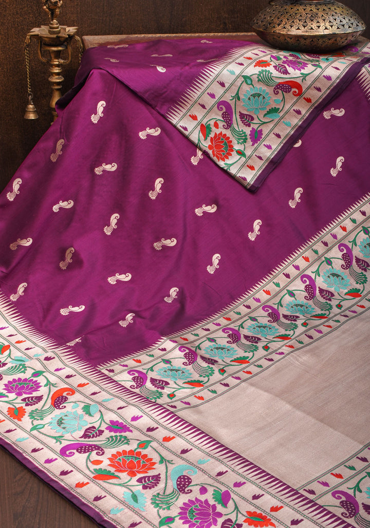 Plum Banarasi Pure Katan Silk Saree with Paithani Style Borders and Zari Buttas  | SILK MARK CERTIFIED