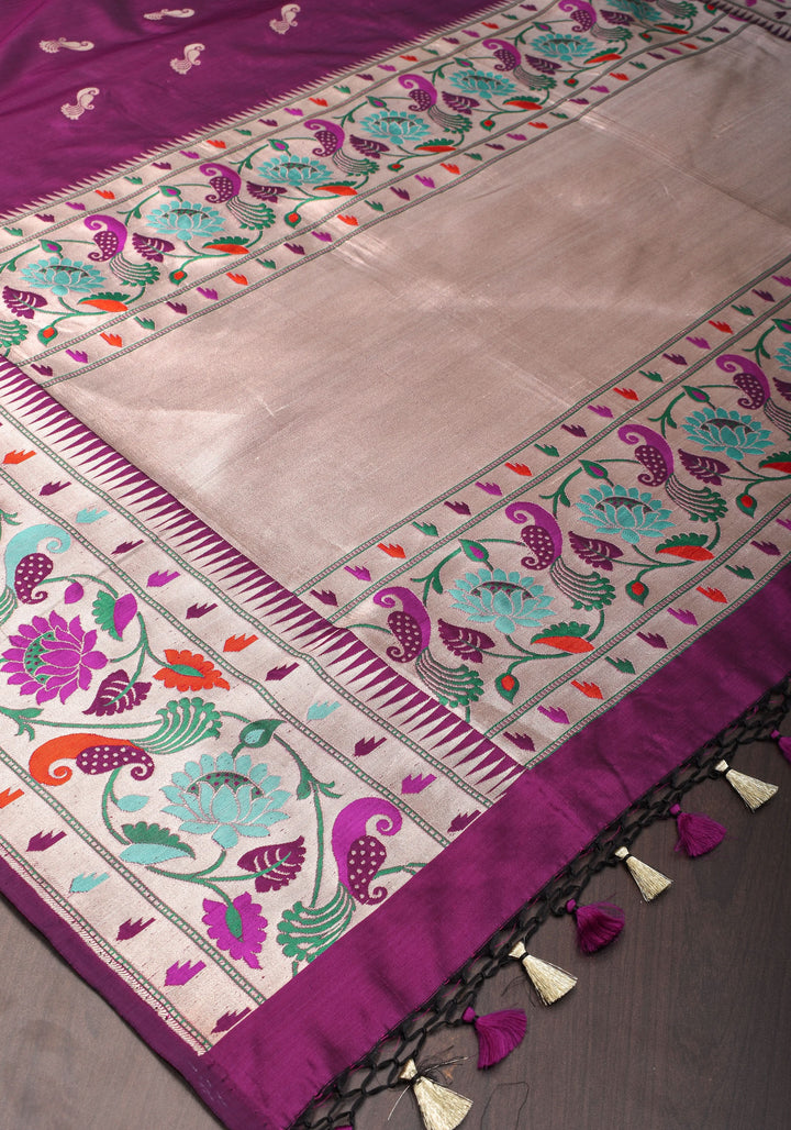 Plum Banarasi Pure Katan Silk Saree with Paithani Style Borders and Zari Buttas  | SILK MARK CERTIFIED