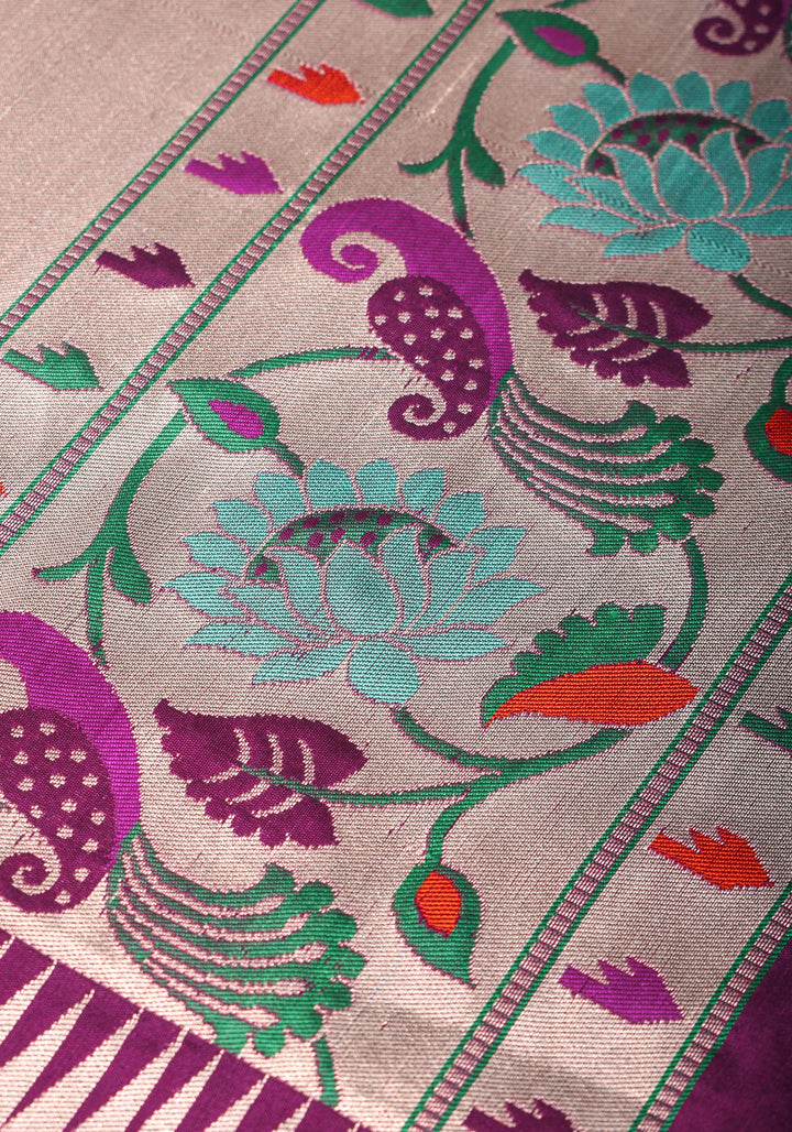 Plum Banarasi Pure Katan Silk Saree with Paithani Style Borders and Zari Buttas  | SILK MARK CERTIFIED