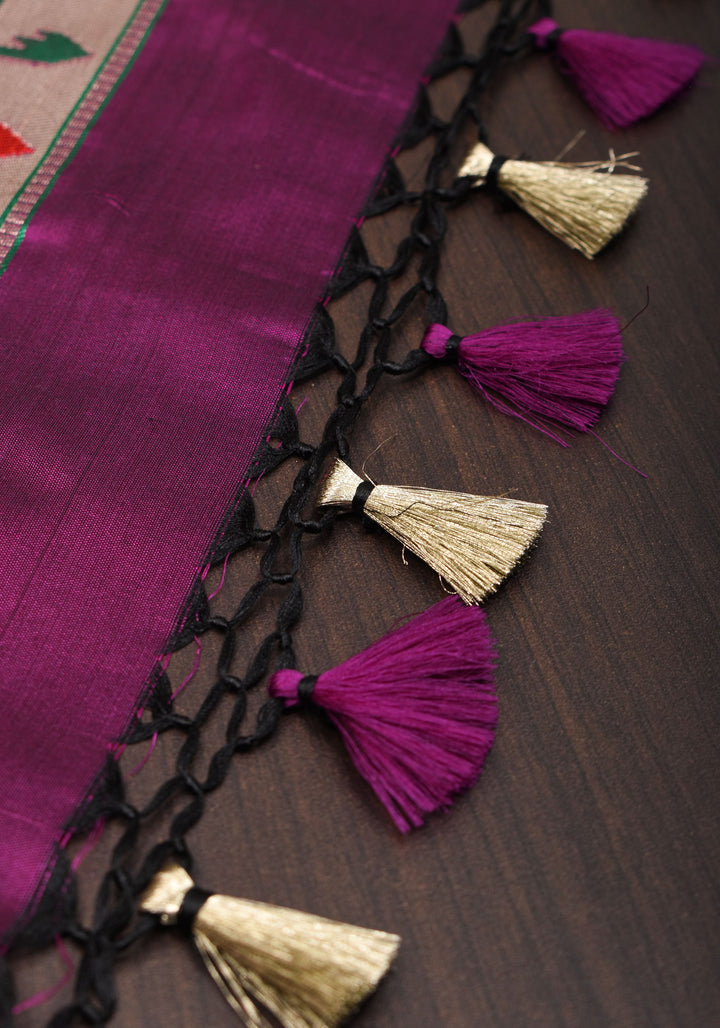 Plum Banarasi Pure Katan Silk Saree with Paithani Style Borders and Zari Buttas  | SILK MARK CERTIFIED