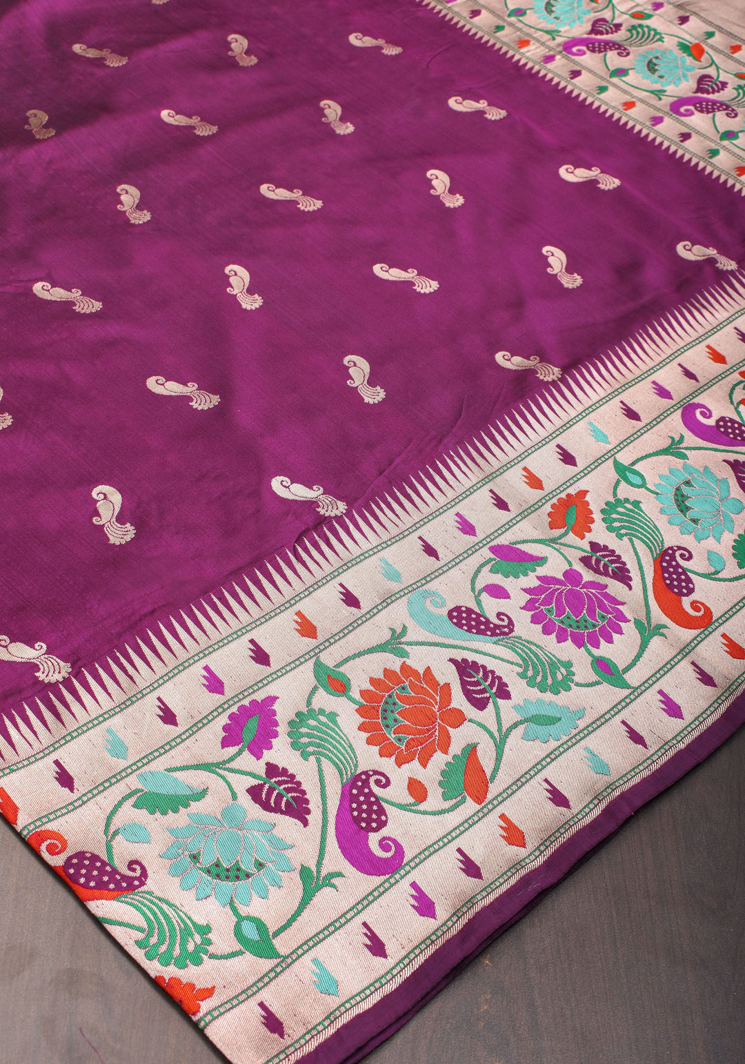 Plum Banarasi Pure Katan Silk Saree with Paithani Style Borders and Zari Buttas  | SILK MARK CERTIFIED