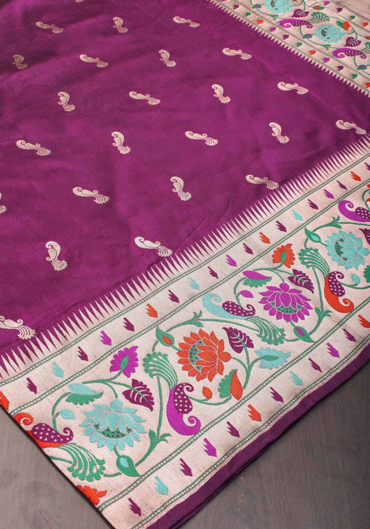Plum Banarasi Pure Katan Silk Saree with Paithani Style Borders and Zari Buttas  | SILK MARK CERTIFIED