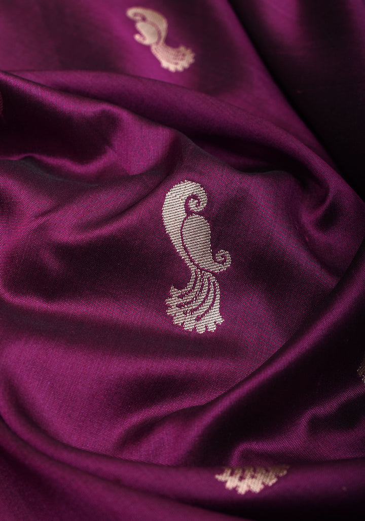 Plum Banarasi Pure Katan Silk Saree with Paithani Style Borders and Zari Buttas  | SILK MARK CERTIFIED
