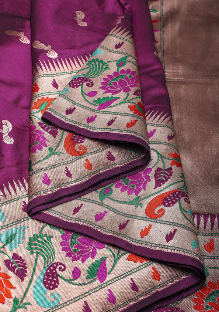 Plum Banarasi Pure Katan Silk Saree with Paithani Style Borders and Zari Buttas  | SILK MARK CERTIFIED