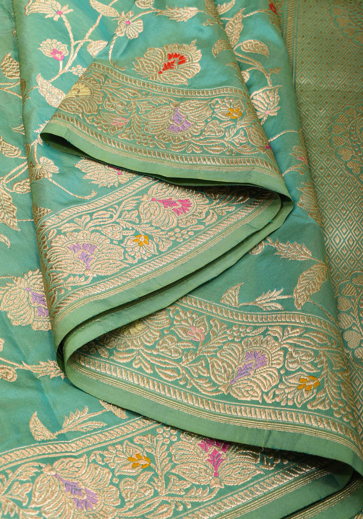 Kadhuwa Jungla Meenakari Sea Green Exquisite Banarasi  Silk Saree | SILK MARK CERTIFIED