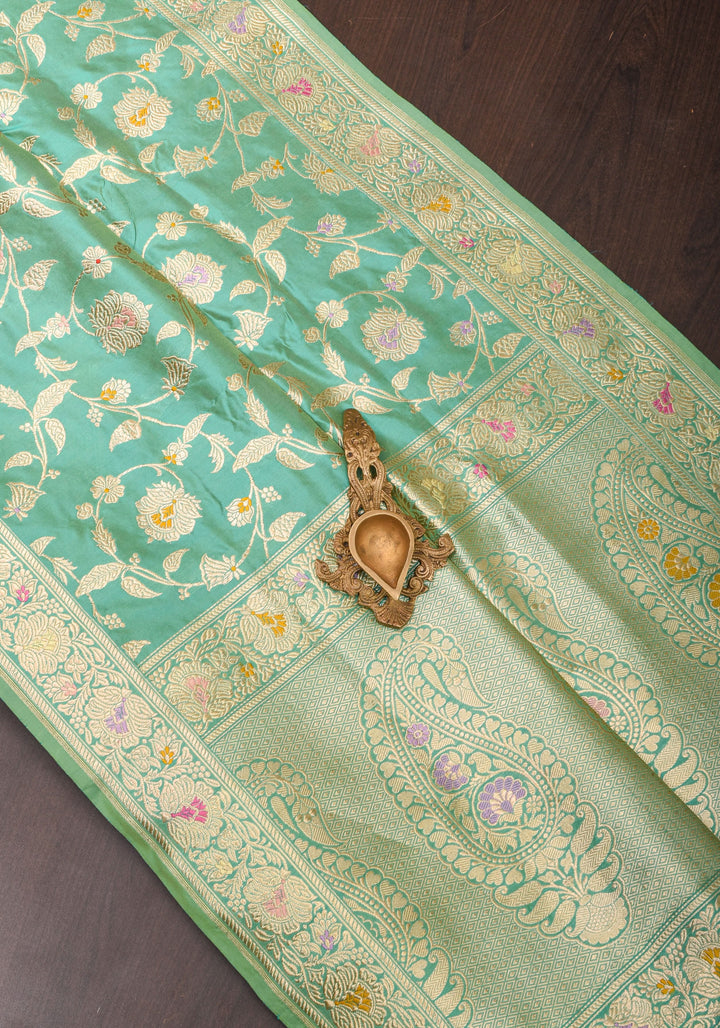 Kadhuwa Jungla Meenakari Sea Green Exquisite Banarasi  Silk Saree | SILK MARK CERTIFIED