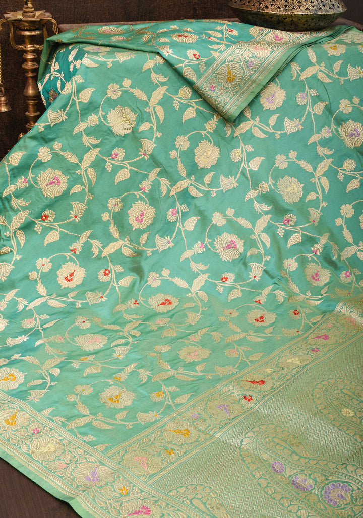 Kadhuwa Jungla Meenakari Sea Green Exquisite Banarasi  Silk Saree | SILK MARK CERTIFIED