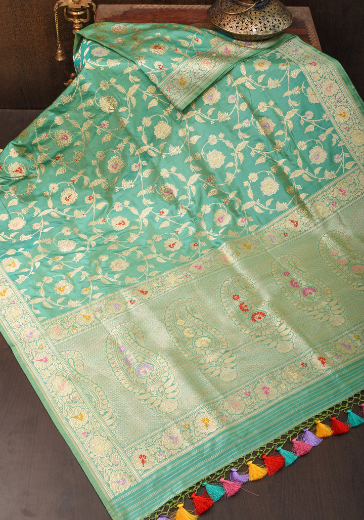 Kadhuwa Jungla Meenakari Sea Green Exquisite Banarasi  Silk Saree | SILK MARK CERTIFIED