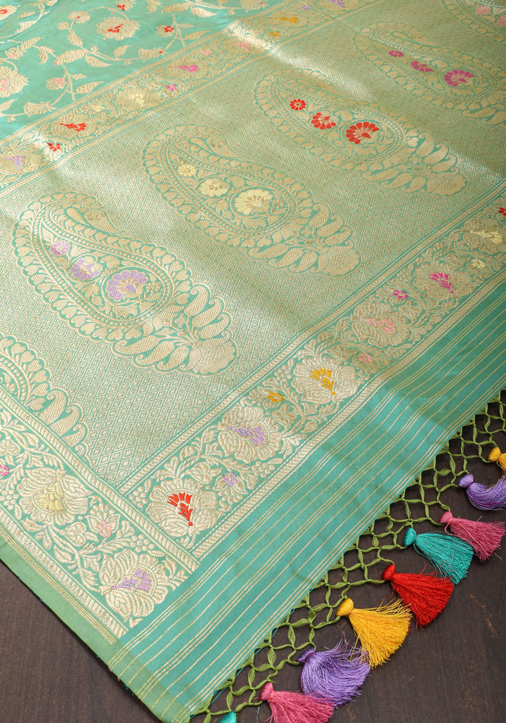 Kadhuwa Jungla Meenakari Sea Green Exquisite Banarasi  Silk Saree | SILK MARK CERTIFIED
