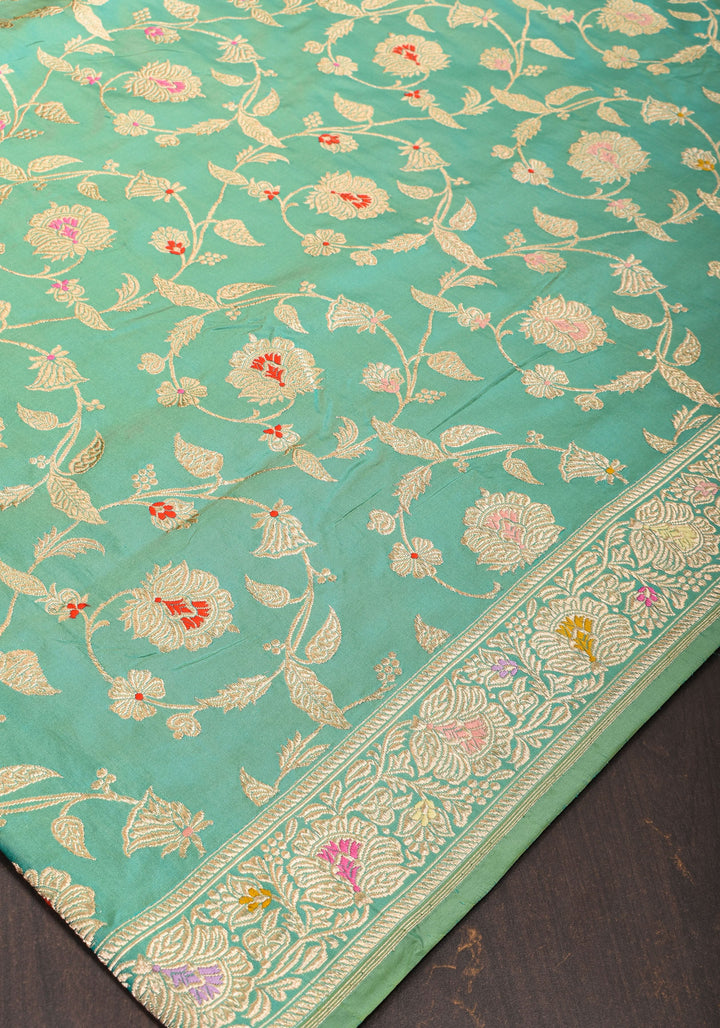 Kadhuwa Jungla Meenakari Sea Green Exquisite Banarasi  Silk Saree | SILK MARK CERTIFIED