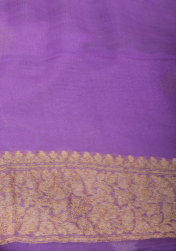 Lavender Pure Silk Chiffon Banarasi Saree with Sona Rupa Buttas and Floral Zari Borders | SILK MARK CERTIFIED