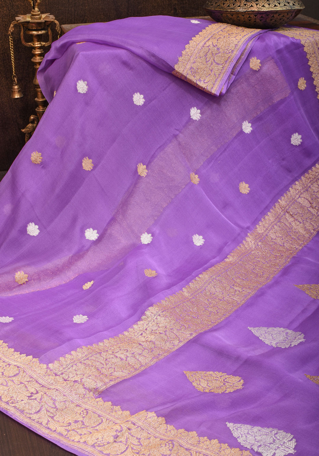 Lavender Pure Silk Chiffon Banarasi Saree with Sona Rupa Buttas and Floral Zari Borders | SILK MARK CERTIFIED