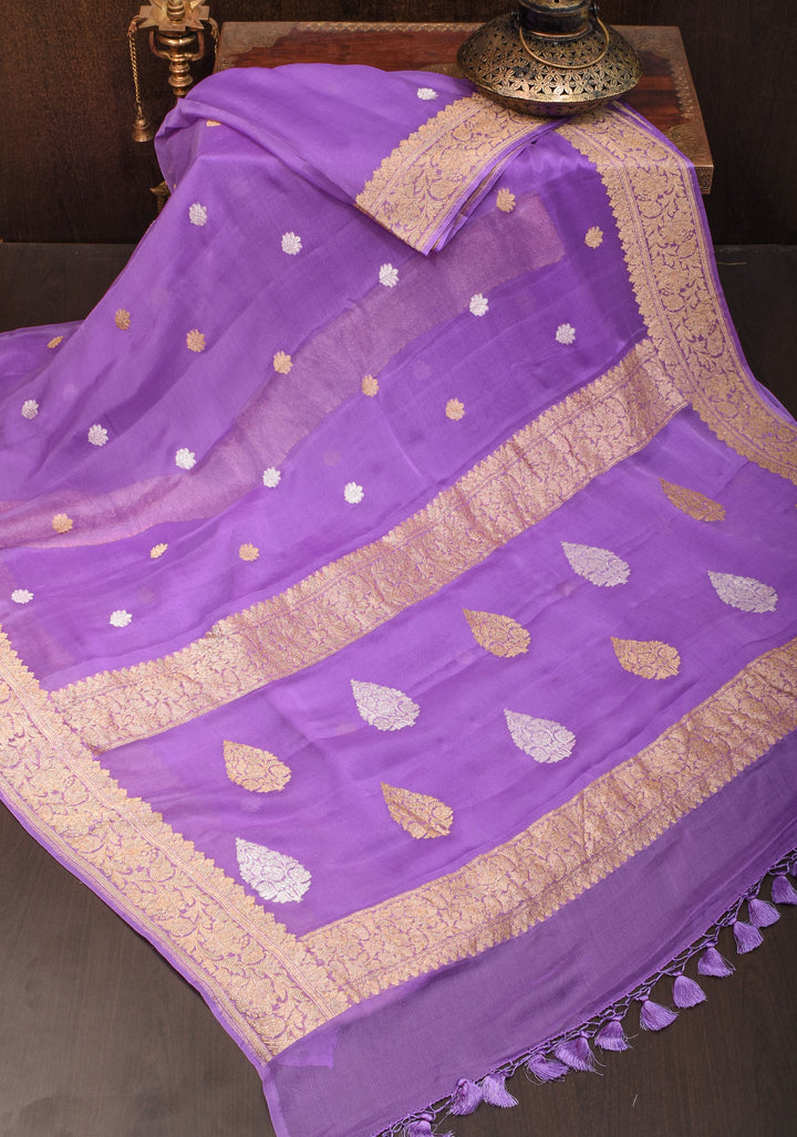 Lavender Pure Silk Chiffon Banarasi Saree with Sona Rupa Buttas and Floral Zari Borders | SILK MARK CERTIFIED
