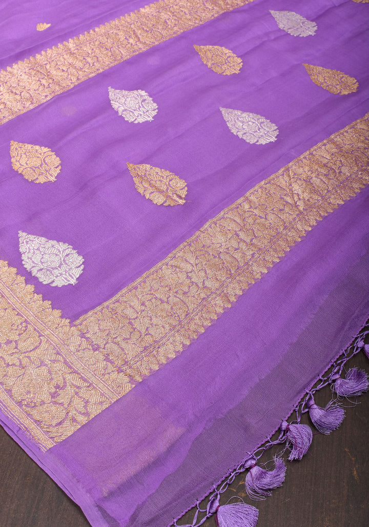 Lavender Pure Silk Chiffon Banarasi Saree with Sona Rupa Buttas and Floral Zari Borders | SILK MARK CERTIFIED