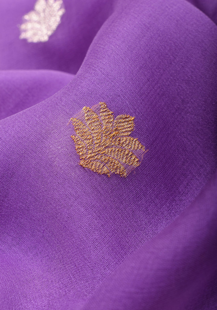 Lavender Pure Silk Chiffon Banarasi Saree with Sona Rupa Buttas and Floral Zari Borders | SILK MARK CERTIFIED
