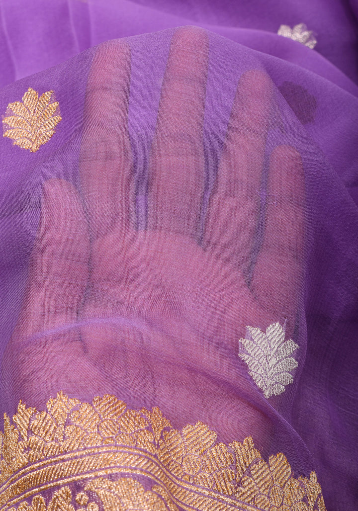 Lavender Pure Silk Chiffon Banarasi Saree with Sona Rupa Buttas and Floral Zari Borders | SILK MARK CERTIFIED