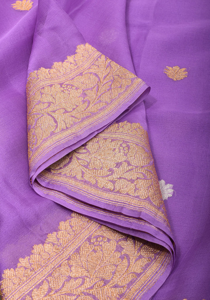 Lavender Pure Silk Chiffon Banarasi Saree with Sona Rupa Buttas and Floral Zari Borders | SILK MARK CERTIFIED