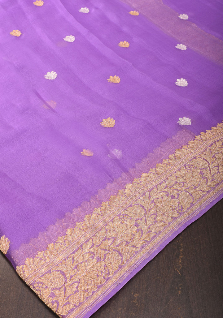 Lavender Pure Silk Chiffon Banarasi Saree with Sona Rupa Buttas and Floral Zari Borders | SILK MARK CERTIFIED