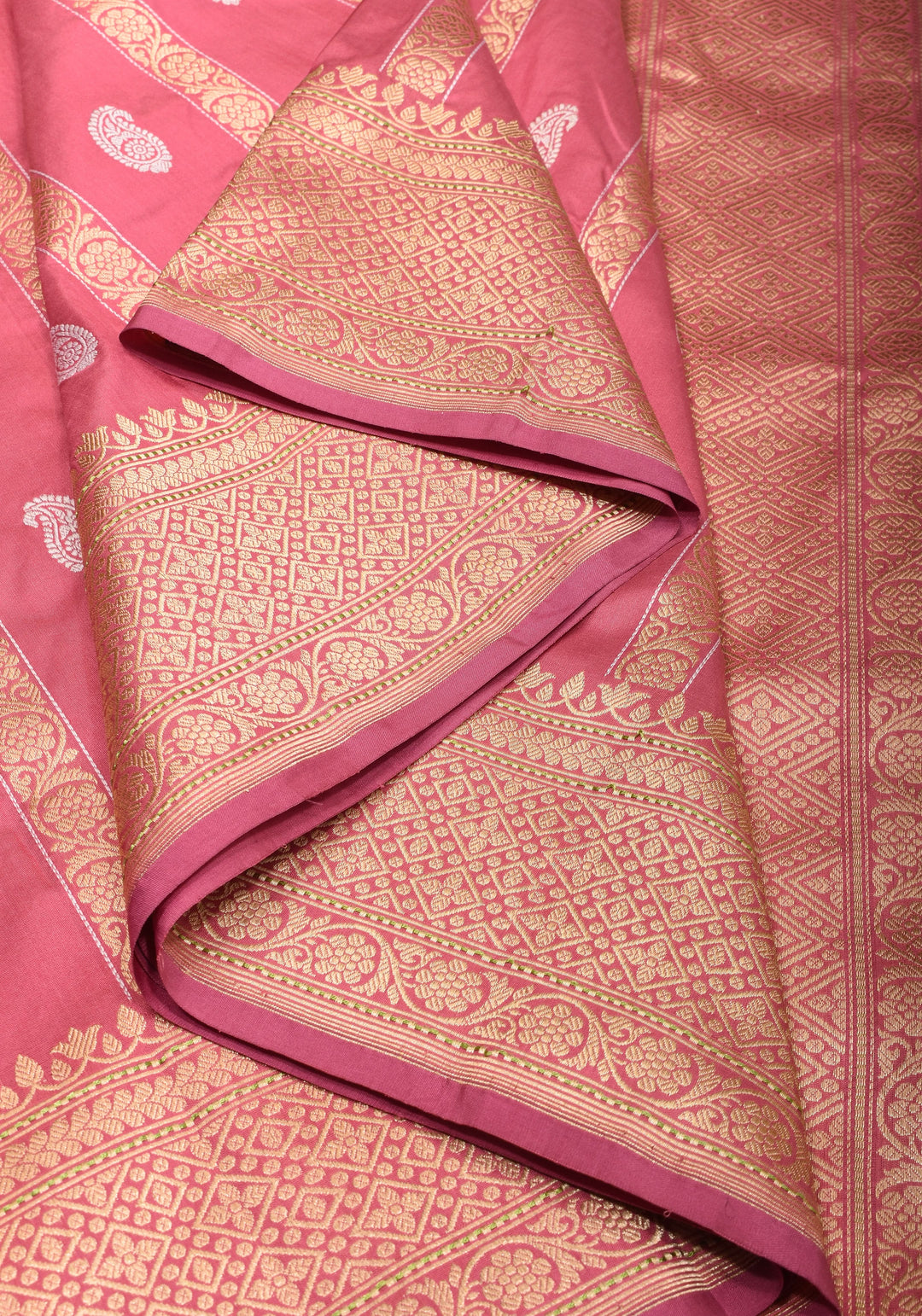 Kadhuwa Weave Carnation Pink Pure Silk Saree with Zari stripes and Sona Rupa Paisley Buttas | SILK MARK CERTIFIED